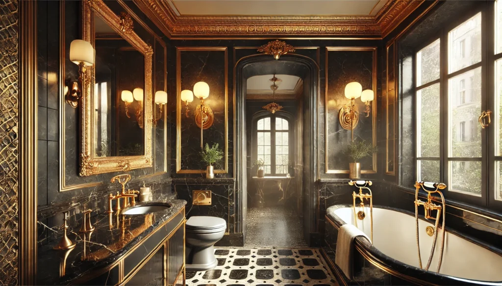 Bagno di lusso in un appartamento parigino, con piastrelle di marmo nero e finiture dorate