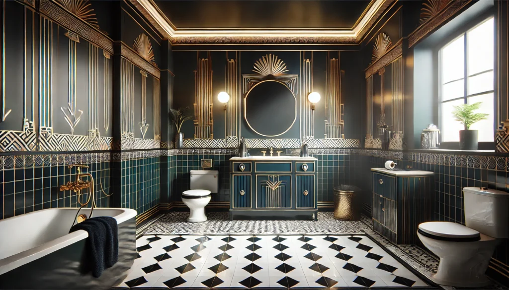 bagno in stile Art Déco, che mostra i colori scuri e intensi combinati con accenti bianchi e dorati, creando contrasti eleganti e sofisticati