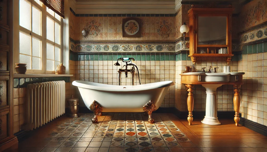 bagno retrò con una vasca da bagno freestanding e un lavabo dall'aspetto artigianale