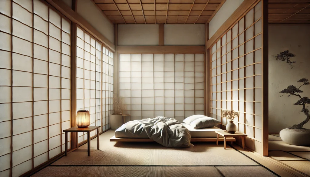Camera da letto giapponese con illuminazione naturale e pannelli di carta Shoji