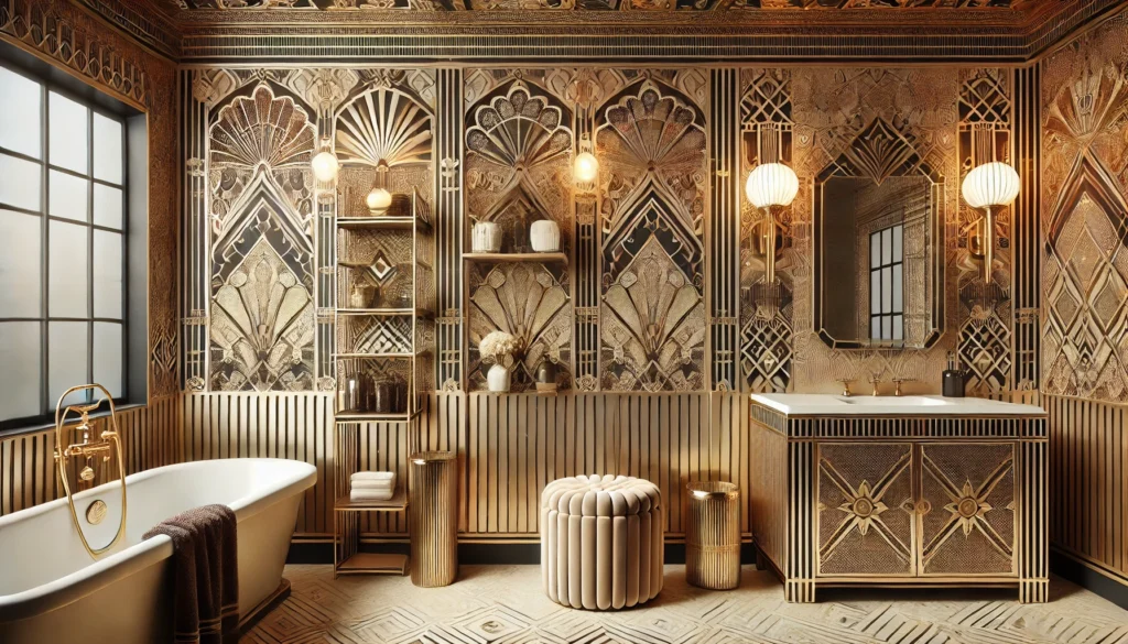 Un bagno in stile Art Déco, integrato con vari elementi decorativi